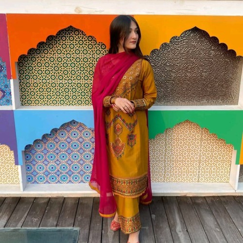 Ready Sequence Embroidery Three Piece - সফট কটন ও চিফন ওড়না সহ এমব্রয়ডারি থ্রি পিস