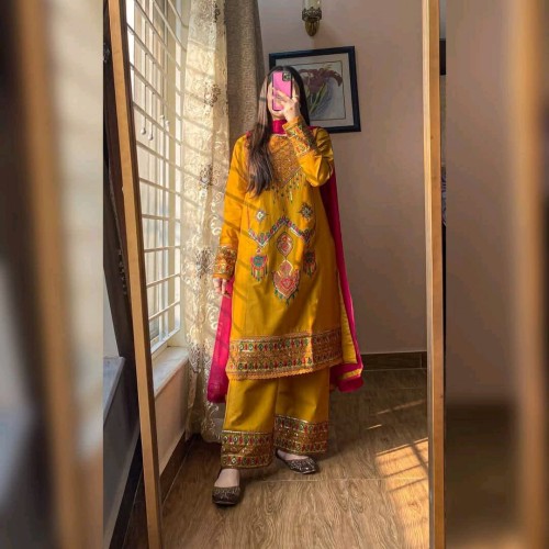 Ready Sequence Embroidery Three Piece - সফট কটন ও চিফন ওড়না সহ এমব্রয়ডারি থ্রি পিস