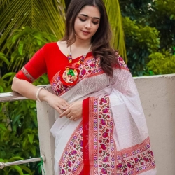 Boishakhi Special Half Silk Sharee – SB12921 Red Border White Saree with Blouse Piece